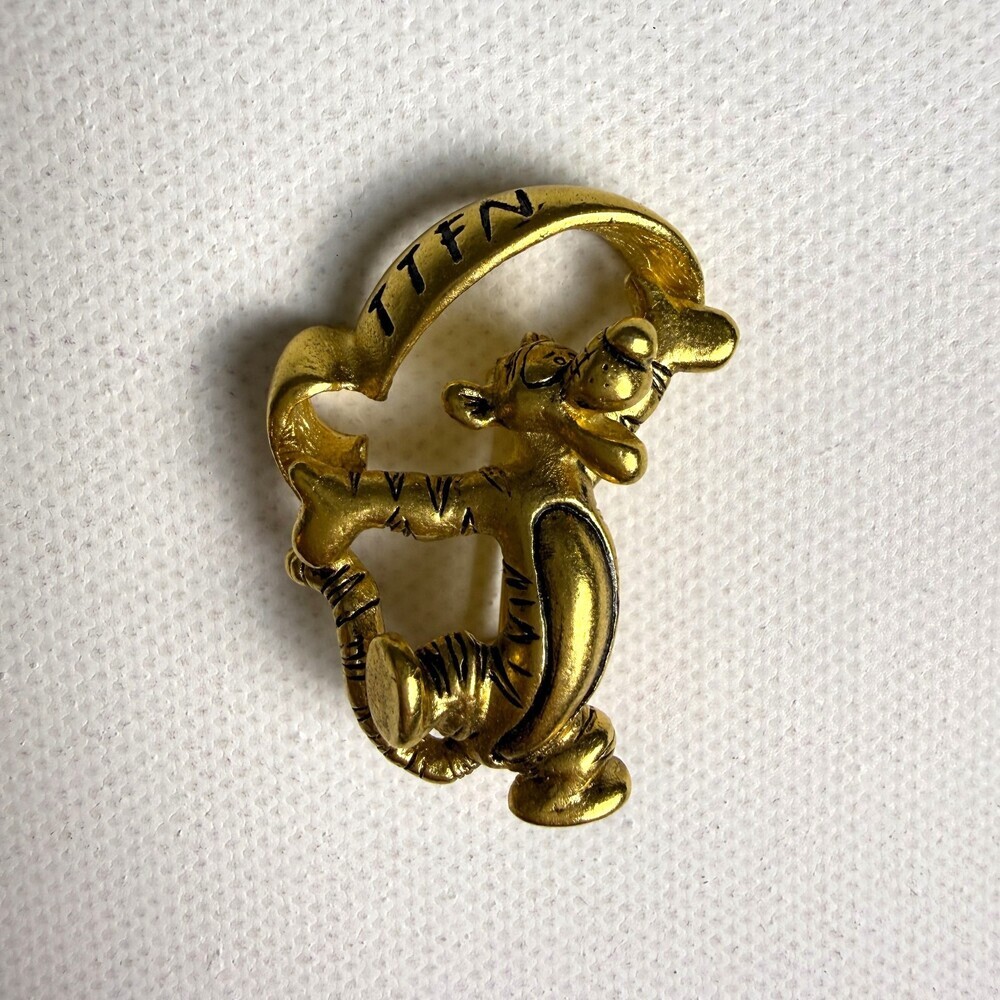 Disney Tigger TTFN Pin Gold Tone Winnie the Pooh Ta Ta For Now Brooch Engraved - Picture 2 of 11